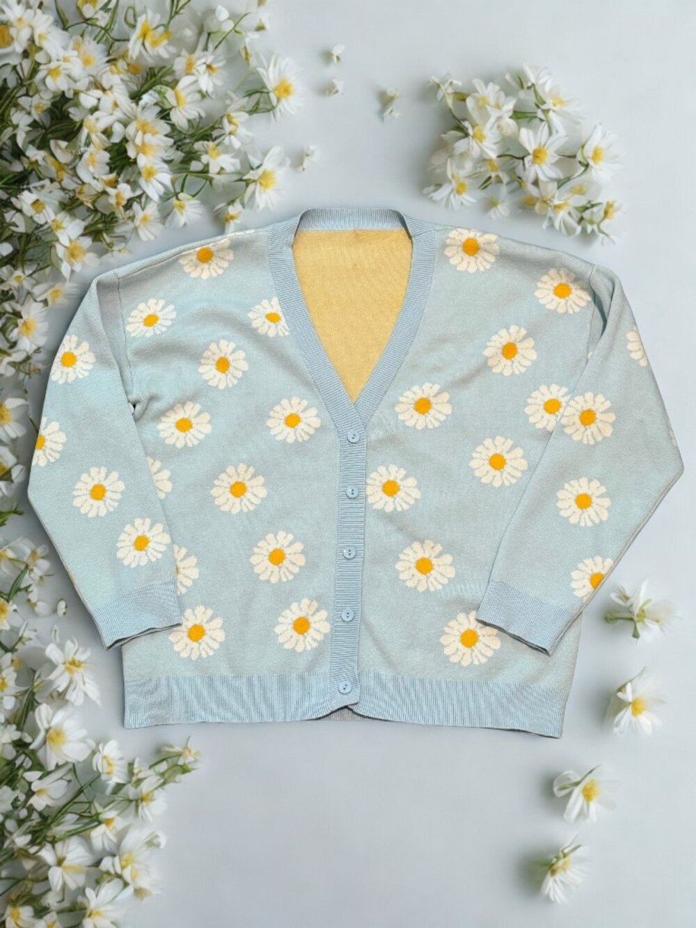 Cozy Blue & Gold Knit Cardigan Sweater - Fits M/L - Picture 2 of 6